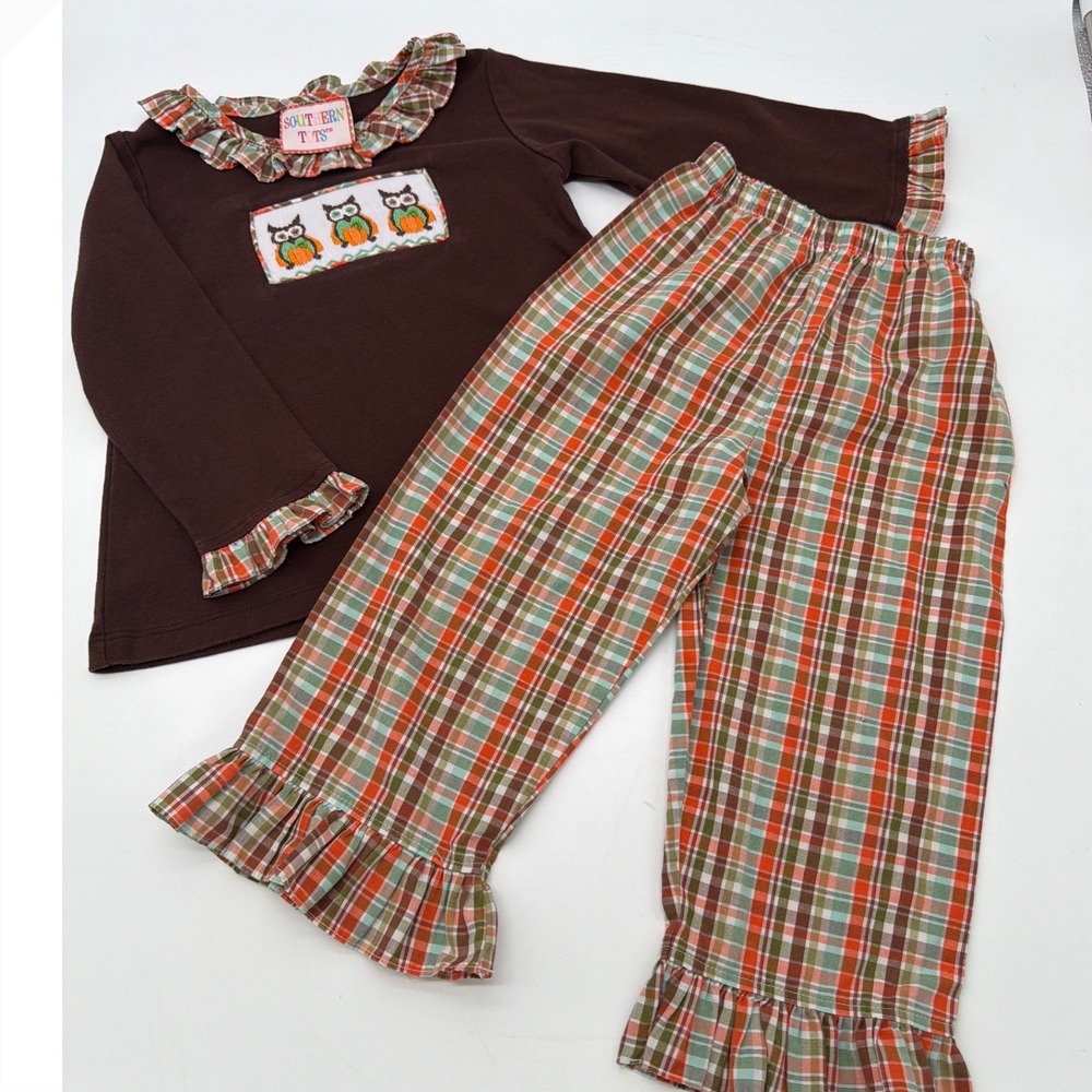 Southern Tots Girls 3T Smocked Owl Pumpkin Fall Plaid Ruffle Pant Set Brown